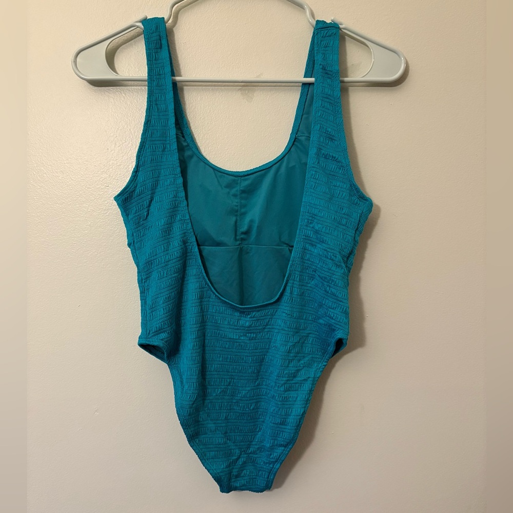 Mosmann Turquoise Ruched One Piece High Cut Cheeky Swimsuit, Size Medium - Picture 2 of 3